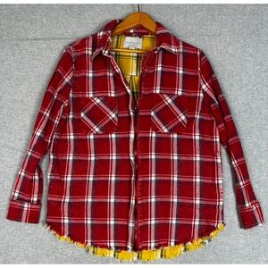 Paper Crane Flannel Shirt Jacket‎ Mens M Red Plaid Frayed Zip Shacket